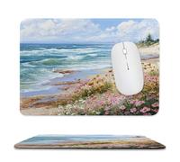 Modern Realistic Beach Floral Stitched Edge Mouse Pad,Beautiful Watercolor Oil Painting Coastal Landscape Flowers Soft Mousepad with Non-Slip for Office,Home 11.8"x9.8"