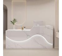 Modern Reception Desk for Office & Clinic 140cm White Textured Wood Reception Counter with Soft Relaxing Lighting Elegant Reception Table for Professional Spaces