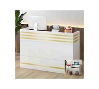Modern Reception Desk Front Office Counter Rectangular Sales Table for Retail & Beauty Salons Commercial Office Reception Furniture in White & Gold Finish