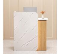 Modern Reception Desk Shop Counter Table for Checkout Retail Hotel Lobby Spa Barber Shop - Stylish White Stone & Wood Grain 100x45x100cm