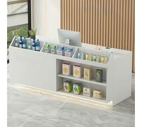 Modern Reception Desk with LED Lights Lockable Drawer Cabinet & Open Shelves - Stylish Front Counter for Office Retail & Hospitality Spaces