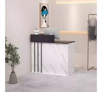 Modern Reception Desk with Lockable Drawer Cable Management Grommets Open Shelves Retail Counter for Lobbies Salons and Retailers Stylish and Functional Design