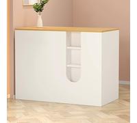 Modern Reception Desk with Lockable Drawer & Open Shelves 55.1" Wide Counter Table for Salon Lobby Cash Office - Natural Finish Versatile Workstation for Professional Spaces