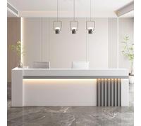 Modern Reception Desk with Storage Stylish White & Light Gray Front Counter Table for Offices Clothing Stores Beauty Salons Elegant Receptionist Workstation with Soft Lighting.