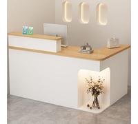 Modern Reception DeskL-Shaped Green Reception Desk with LED Light Lockable Drawer & Modern Front Counter Table for Office,（Natural,140cm）