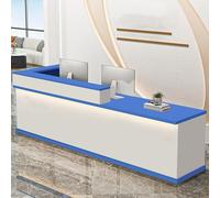 Modern Reception DeskL-Shaped Reception Desk with LED Lights Wooden Front Counter with Lockable Drawer for Classrooms & Offices Modern Design,（White+blue R,140cm/55in）