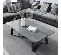Modern Rectangular Coffee Table, 31 Inch Center Table Coffee Table For Home With Sintered Stone Top And Black Steel Frame Cross Legs Sofa Table For Living Room, Dining Room, Tea, Grey