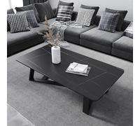 Modern Rectangular Coffee Table, 31 Inch Center Table Coffee Table For Home With Sintered Stone Top And Black Steel Frame Cross Legs Sofa Table For Living Room, Dining Room, Tea, Gold Black