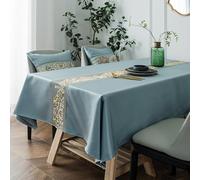 Modern Rectangular Tablecloth 140x300 cm, Blue Polyester Embroidered Floral Design, Elegant Dining Room Décor, Stain-Resistant, Table Cover