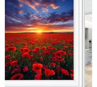 Modern Red Flowers Window Film Sun Blocking Sunset Poppy Garden Landscape Stained Glass Window Film No Glue Decorative Window Cling for Home Window&Glass Door 70 x 100 cm
