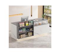 Modern Retail Checkout Counter with Lockable Drawer & LED Light, Reception Desk for Home Office, Salon, Shop - L220CM/86.6IN Front Desk Furniture