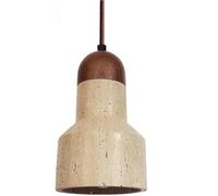 Modern Retro Hourglass Walnut Color Iron Dome Hanging Lamp Yellow Travertine Shade Chandelier Adjustable Height Pendant Light Fixtures for Bedroom