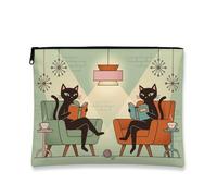 Modern Retro Makeup Bag, Cat Illustration Cosmetic Pouch for Women, Portable Canvas Zipper Organizer, Home Decor Toiletry Bag, Green, 7x9 Inch, Cats