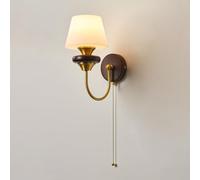 Modern Retro Wall Sconce Acrylic Lampshade Bedroom Wall Lamp, E27 Wired Wall Lighting with Pull Chain Switch, Walnut Wood Interior Wall Lights, H:11"