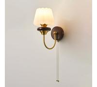 Modern Retro Wall Sconce Acrylic Lampshade Bedroom Wall Lamp, E27 Wired Wall Lighting with Pull Chain Switch, Walnut Wood Interior Wall Lights, H:11"