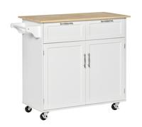 Modern Rolling Kitchen Island Storage Kitchen Cart Utility Trolley with Rubberwood Top - 2 Drawers - White Drawers - homcom | TJ Hughes