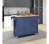 Modern Rolling Mobile Kitchen Island, 52.7" Solid Wood Top, Locking Wheels, Storage Cabinet, Drop Leaf Breakfast Bar & Spice Rack, Stylish Blue Design