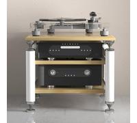 Modern Rolling Printer Stand with Speaker Mount and Media Shelf, Portable Audio/Video Rack on Wheels for Turntables, Receivers & Electronics, White & Wood Finish, 62x57x56 cm