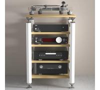 Modern Rolling Printer Stand with Speaker Mount and Media Shelf, Portable Audio/Video Rack on Wheels for Turntables, Receivers & Electronics, White & Wood Finish, 62x57x10 cm