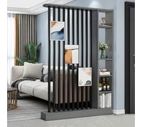 Modern Room Divider Storage Cabinet & Bookshelf with Shelves - Tall Privacy Panel Partition for Home Office & Dorm Decorative Grey-Black (55x9.5x79in)