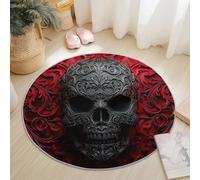 Modern Round Area Rug 140 cm, 3D Vines Texture Skull Pattern Carpet for Living Room Bedroom, Red Black Soft Flannel Round Rug for Kids Room Nursery Decor, Non-Slip Backing, Easy To Clean