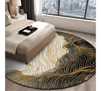 Modern Round Area Rug 190cmNonSlip Short Pile Bedroom & Living Room Carpet Abstract Design with Gold Lines Stylish Home Decor Grey Color