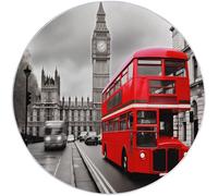 Modern Round Area Rug 60 cm, Retro City Architecture Bus Pattern Carpet, Black White Red Soft Flannel Round Rug for Kids Room Nursery Decor, Non-Slip Backing, Easy To Clean