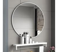 Modern Round Bathroom Mirror for Over Sink HD Silver Glass No-Drill Wall Mount Large Wall Mirrors in Black or White - Stylish Option with Shelf Available