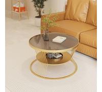 Modern Round Black Glass Coffee Table with Storage | Stylish Circle Side Table for Living Room Bedroom Offices & Lounges | Metal Frame Gold & Gray 70cm