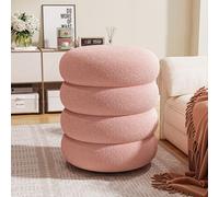 Modern Round Boucle Sherpa Ottoman in Pink - Compact, Soft, Padded Footrest for Living Room & Bedroom - Stylish Upholstered Stool (35.5 x 35.5 x 40.6 cm)