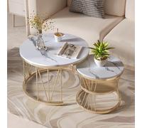 Modern Round Coffee Table, 2-Tier Circular Center Table with Marble Grain for Living Room, Bedroom, Balcony - Stylish Decorative Furniture (Gold Finish)