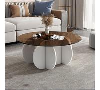 Modern Round Coffee Table - Clear Tempered Glass Top & Solid Wood Base Stylish 31"x16" Center Table for Living Room or Patio Chic White & Pink Design
