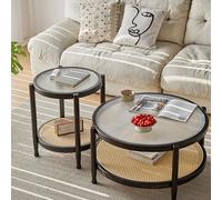 Modern Round Coffee Table Set of 2 - Minimalist Glass & Rattan Storage - Stylish Living Room & Bedroom Decor - Wooden Legs Tempered Glass Top Walnut Finish