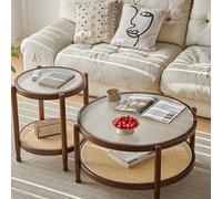 Modern Round Coffee Table Set of 2 - Minimalist Glass Top & Rattan Storage - Stylish Living Room & Bedroom Furniture - Sturdy Wooden Legs Walnut Finish Tempered Glass