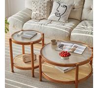 Modern Round Coffee Table Set of 2 - Minimalist Rattan Storage & Tempered Glass Top - Stylish Walnut Wood Legs - Perfect for Living Room & Bedroom Decor