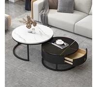 Modern Round Coffee Table Set of 2 - Nesting Tables with Storage Drawers, Slate Marble Texture and Metal e - Elegant Sofa and Living Room Decor, Perfect for Bedroom and Multipurpose Use