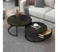 Modern Round Coffee Table Set of 2 - Slate Marble Finish Metal Frame Stylish Nesting Design with Drawer Storage for Living Room & Bedroom - Contemporary Side & Sofa Tables