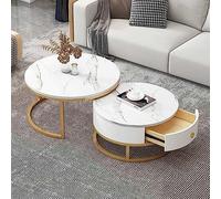 Modern Round Coffee Table Set of 2 - Slate Marble Texture Metal Frame Drawer Storage - Stylish Nesting Side & Sofa Table for Living Room & Bedroom - Contemporary Design Tea Table
