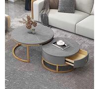 Modern Round Coffee Table Set of 2 - Slate Marble Texture Metal Frame Stylish Nesting Design with Drawer Storage - Contemporary Side & Sofa Tables for Living Room Bedroom
