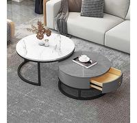 Modern Round Coffee Table Set of 2 - Slate Marble Texture Metal Frame Stylish Nesting Side & Sofa Tables for Living Room Bedroom - Contemporary Design Elegant Tea Tables