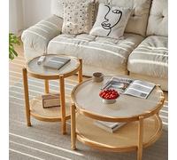 Modern Round Coffee Table Set of 2 - Stylish Minimalist Glass Top & Rattan Storage - Sturdy Walnut Wooden Legs - Perfect for Living Room & Bedroom Decor
