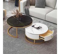 Modern Round Coffee Table Set of 2 with Drawer Storage - Slate Marble Finish Metal Frame - Chic Nesting Side & Sofa Tables for Living Room Bedroom - Contemporary Design Tea Tables