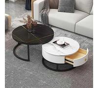Modern Round Coffee Table Set Of 2, With Drawer Storage, Slate Marble Texture Metal Frame, Nesting Side End Table, For Bedroom Living Room