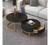Modern Round Coffee Table Set Of 2, With Drawer Storage, Slate Marble Texture Metal Frame, Nesting Side End Table, For Bedroom Living Room