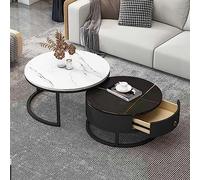 Modern Round Coffee Table Set of 2 with Drawer Storage - Slate Marble Texture Metal Frame - Stylish Nesting Side & Sofa Table for Living Room & Bedroom - Contemporary Design Tea Table