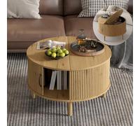 Modern Round Coffee Table with Storage 31.5" Folding Fluted Center Table with Sliding Door Stylish Small Space Furniture for Living Rooms and Apartments