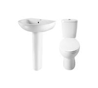 Modern Round Designer Style Basin & Pedestal + 5 Piece Toilet Pan & Cistern Set Bathroom Suite Including Toilet Seat, White