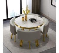 Modern Round Dining Table Set 45Piece Faux Marble Top with 4 Synthetic Leather Chairs SpaceSaving Design for Small Apartments 90 x 90 x 75 cm