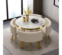 Modern Round Dining Table Set for 4-5 Piece Faux Marble Top with 4 PU Leather Chairs, Space-Saving Design for Small Apartments, Stylish Dining Room Furniture - 80x80x75cm