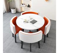 Modern Round Dining Table Set for 4 - Elegant Marble Conference Table with PU Leather Chairs for Living and Dining Room Stylish White and Grey Design Perfect for Gatherings